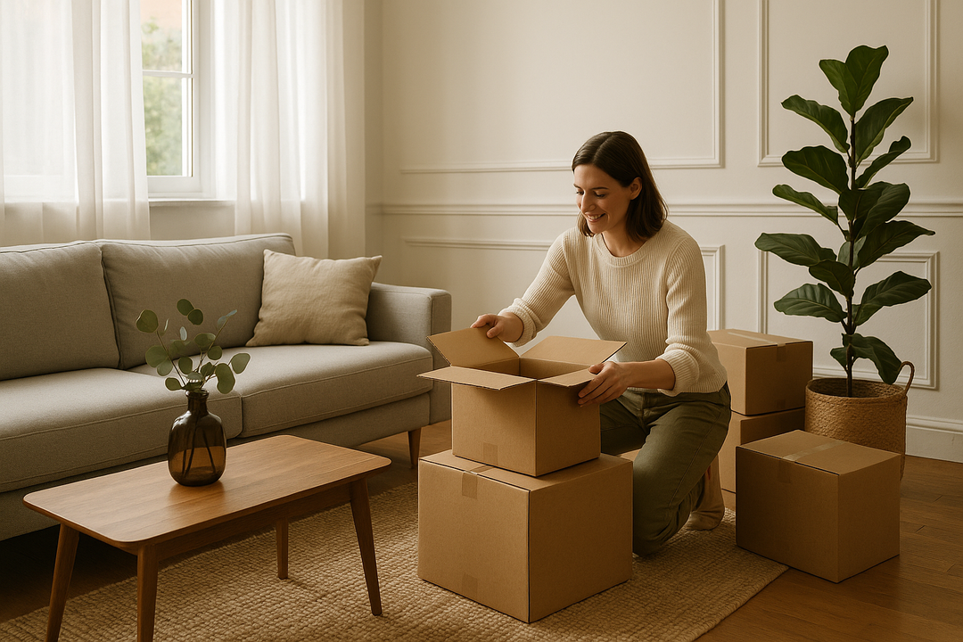 Vrouw pakt verhuisdoos uit in een lichte, sfeervol ingerichte woonkamer met een grijze bank, houten salontafel en sierlijsten op de muur
